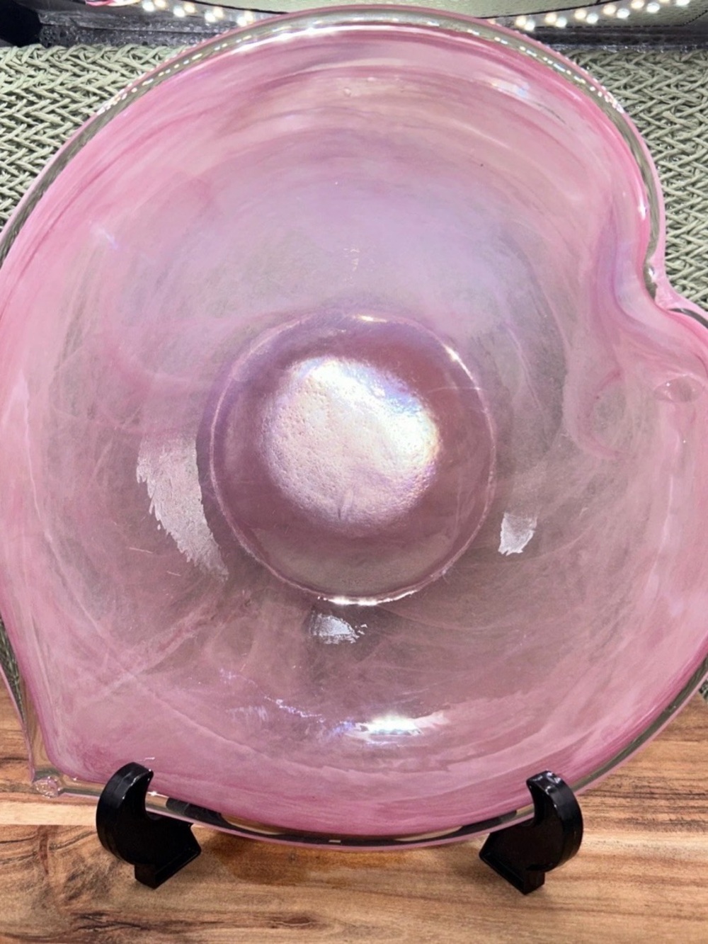 Lavorazione Arte Murano Italy Lt/Dk Pink Heart Swirl Glass Bowl Art Deco
